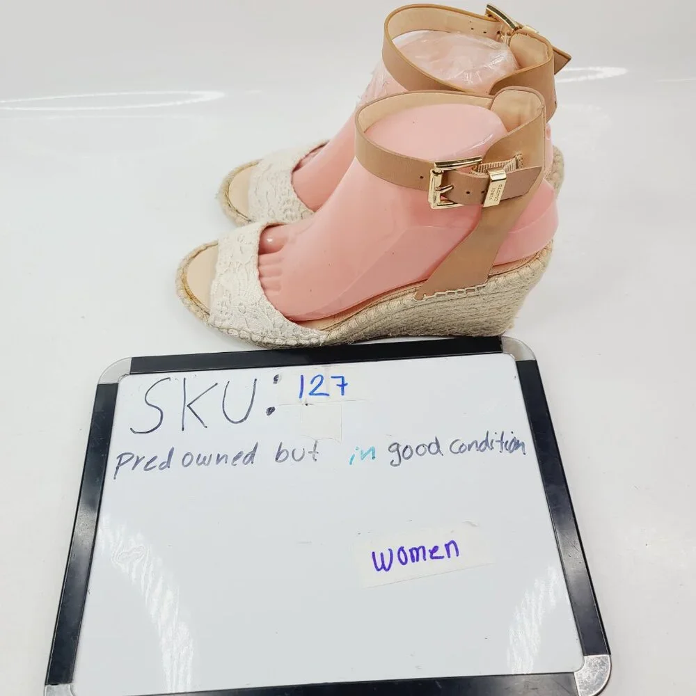 Vince Camuto Women's White Tan Jute‎ Wedge Ankle Strap Sandal Size US 8.5